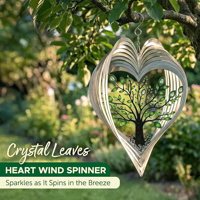 ISEO Silver Heart Wind Spinner for Yard and Garden with Crystals, Hanging Outdoor Decor, Yard Art, Porch and Patio Decorations, Metal Wind Spinners Outdoor, Weather Resistant, 12”