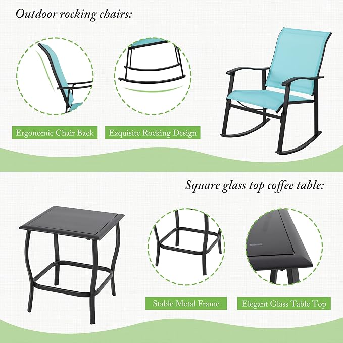 Shintenchi 3 Piece Rocking Bistro Set, Outdoor Furniture with Rocker Chairs and Glass Coffee Table Set of 3, Balcony, Porch Furniture for Small Space, Blue
