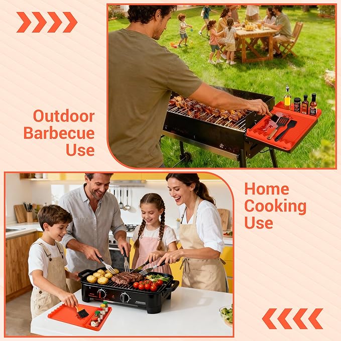 2Pack Silicone Grill Mat for Blackstone - 16x11.5 Inch Non-Slip Tool Mat with Sauce Drip Pad & Wavy Grip, Outdoor BBQ Accessories & Gifts for Men, Dad, Grilling（Orange）