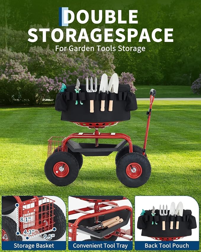 Rolling Garden Work Seat with Wheels, 360° Swivel Seat Gardening Cart with Extendable Steering Handle, Tool Tray and Storage Basket, 300 lbs Capacity, Gardening Stools for Patio, Yard, and Outdoors