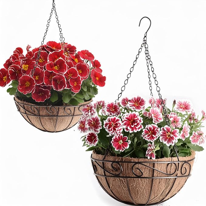 Ashman 16 Inch Metal Hanging Planter Basket with Coco Coir Liner Round Wire Plant Holder Chain Porch Decor Flower Pots Hanger Garden Decoration Indoor Outdoor Watering Hanging Baskets (4 Pack)