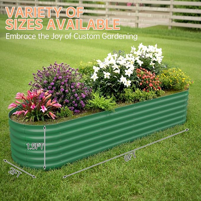 IDEALHOUSE 8x2x1.5 Ft Galvanized Metal Raised Garden Bed, 24-Inch Tall Outdoor Planter Box for Vegetables, Flowers & Herbs, Rust-Resistant Garden Beds for Backyard, Patio or Balcony, Green