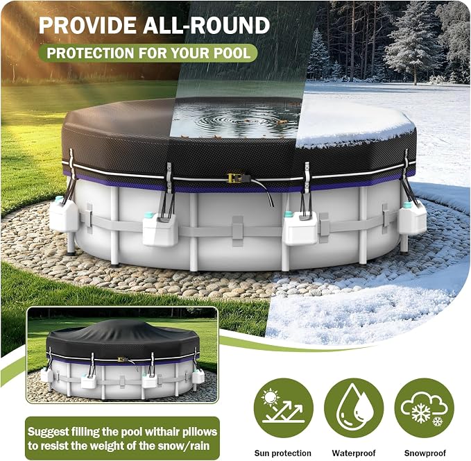 LXKCKJ 30 Ft Round Pool Covers for Above Ground Pools, Extra Thick 185G PE | 100MPH Windproof with Fast Tightening Ratchet & Weight Rings, 600LB Tear-Resistant, Waterproof 12000PA, Cold-Resistant,UPF50+