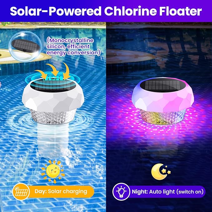 Solar Pool Chlorine Floater with Colorful Lights, Remote-Controlled Lights Adjustable Release Easy-Open Chlorine Floater Dispenser for Pool Large Capacity for 3'' or 1'' Tablets