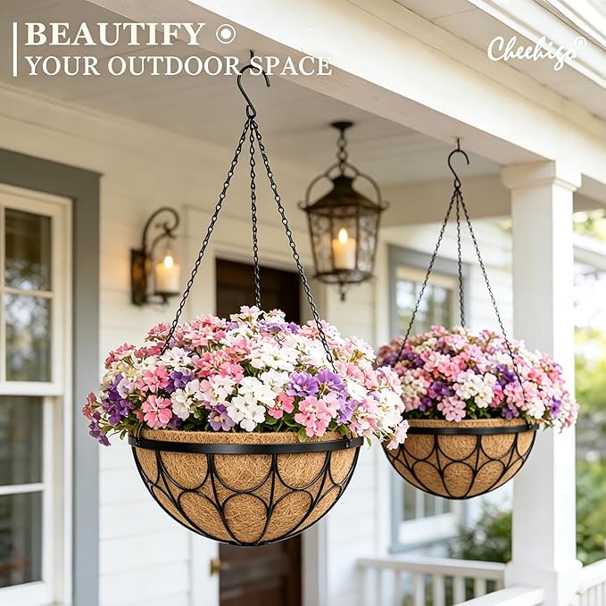 4 Pack 12 Inch Hanging Planters for Outdoor Plants，Large Wire Flower Hanging Basket with Coco Liners for Balconies, Patios, Porch, Terraces Decor