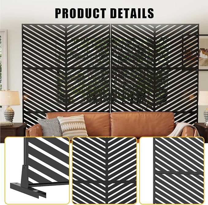 72" h × 47" w Outdoor Privacy Screen, Laser Cut Metal Garden Divider Panel with Tropical Leaf Design, Freestanding Weatherproof Privacy Fence for Patio Deck Backyard Balcony