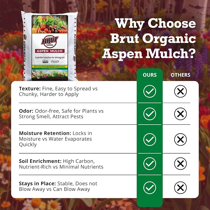 Brut Organic Aspen Mulch 1 CU FT – Natural Moisture Retainer & Root Protector – Odor-Free, Nutrient-Rich Bark Mulch for Landscaping, Garden Beds & Potted Plants