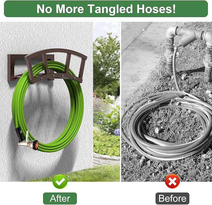 Garden Hose Holder Wall Mounted, Outdoor Heavy Duty Metal Water Hose Holder Hanger Holds 125-ft Water Pipe, Sturdy Detachable Hose Storage Organizer Reel Rack for Outside Garden Lawn Yard Farm, Bronze