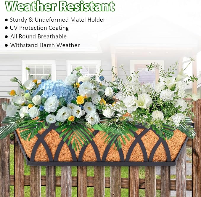 LCHUANG 4 Pack 24 Inch Deck Balcony Railing Planter Window Boxes with Coconut Coir Liner, Fence Metal Hanging Flower Planter Basket for Outdoor Lawn