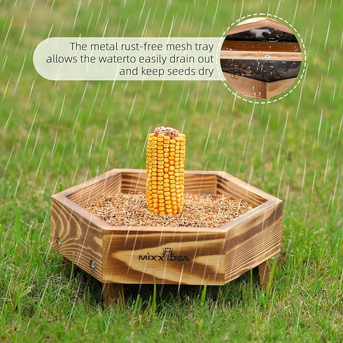 MIXXIDEA Ground Bird Feeder for Outdoors, Wooden Mesh Seed Tray for Bird Feeders, Great Attracting Garden Yard Decoration for Wild Birds Squirrels Chicken Dove, Brown