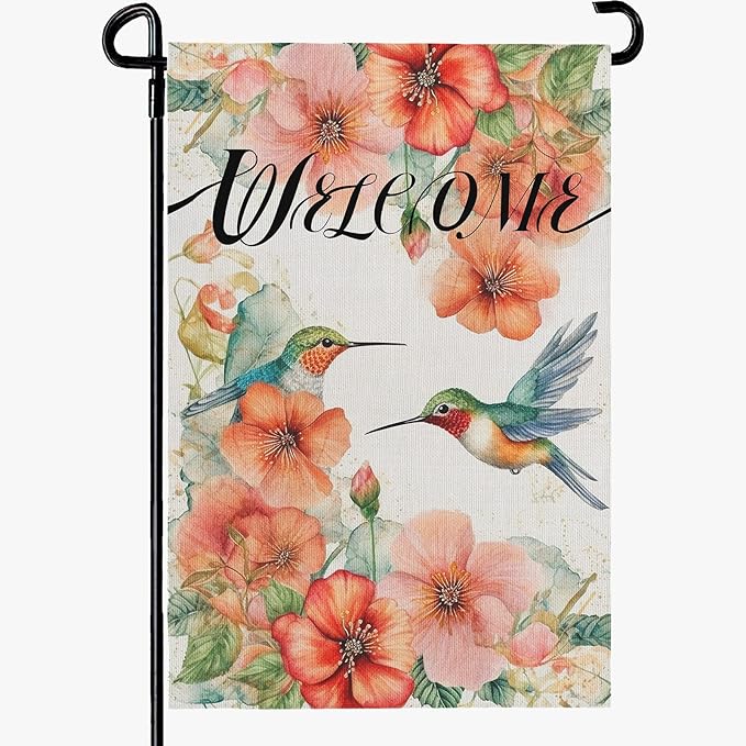 Hummingbird Garden Flag Summer Welcome Printing Garden Flag Watercolor Burlap Yard Flags for Outside Double Side Floral Spring Garden Flags Decor Standard Size 12×18 Inch