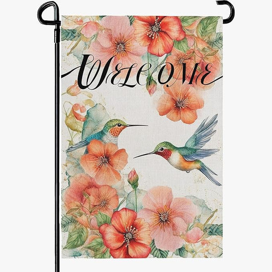 Hummingbird Garden Flag Summer Welcome Printing Garden Flag Watercolor Burlap Yard Flags for Outside Double Side Floral Spring Garden Flags Decor Standard Size 12×18 Inch