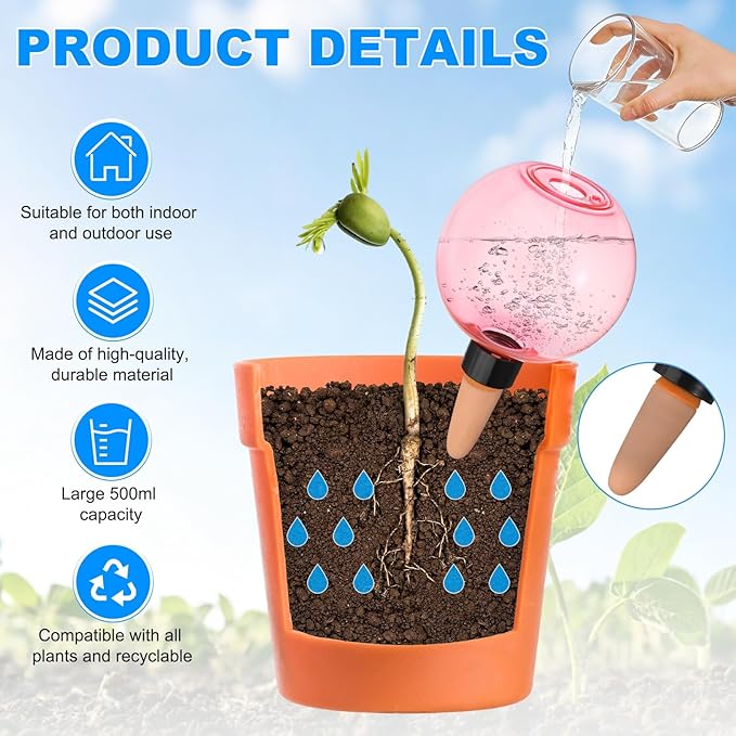M METERXITY 4-Pack Plant Self Watering Globes, 6.9 oz Plastic Bubble Water Bulbs Top Fill for Indoor/Outdoor Plants, Self Watering Spikes Slow Release Terracotta [Pink]