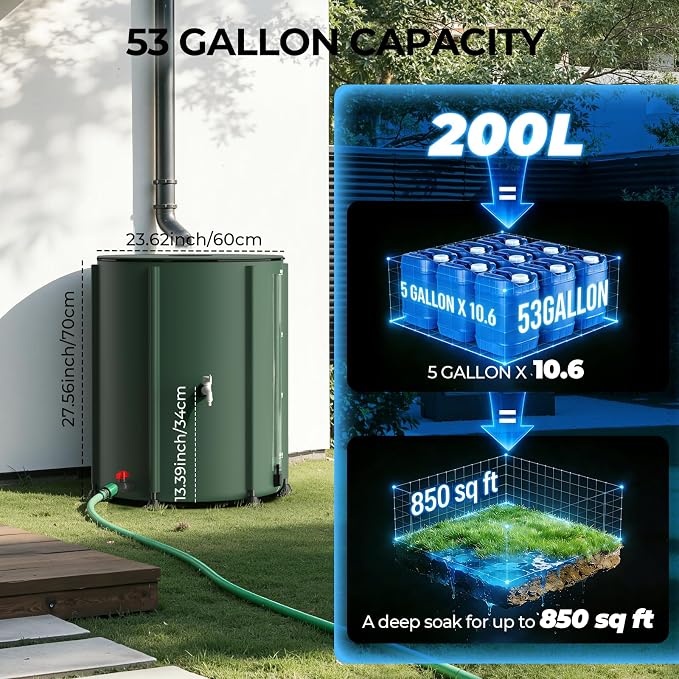 SKM Collapsible Rain Barrel, PVC Rain Water Collection System and Water Tank for Outdoor/Garden/Lawn, Portable Rain Water Collection Barrel Container with Spigots & Overflow Kit, 53Gallon, Green
