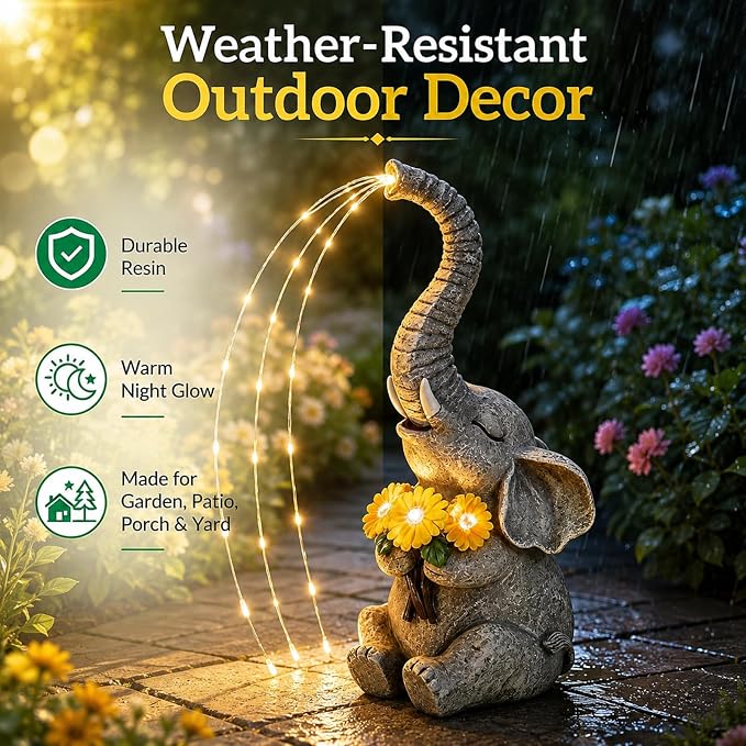 mocosa Solar Garden Statues Elephant and LED Lights Birthday Gifts for Women Mom Grandma Solar Outdoor Cat Decor for Outside,Outdoor Solar Lights for Yard, Garden and Patio, Unique Gift for Women