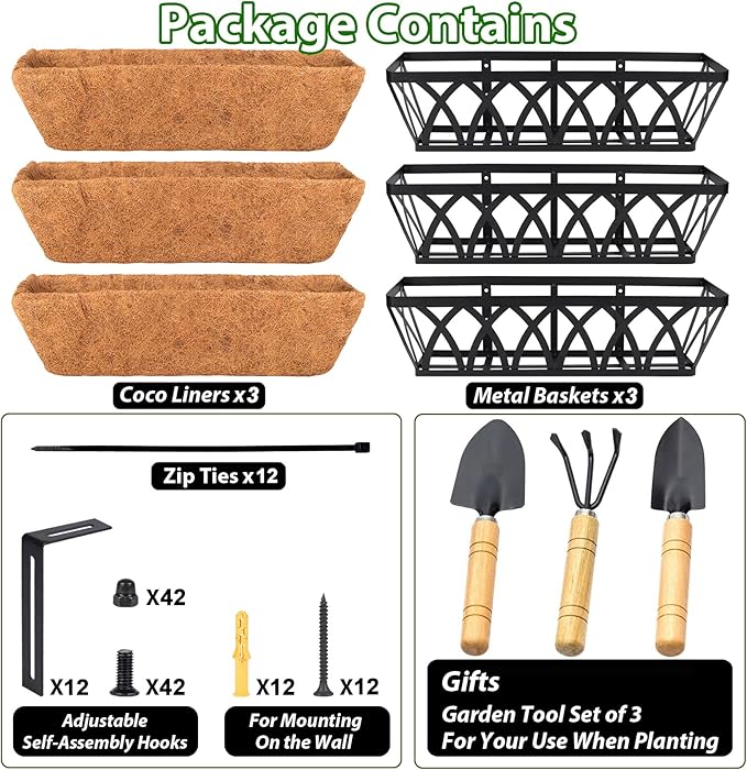 LCHUANG Deck Railing Planter Window Box - 3 Pack 24 Inch Deck Balcony Rail Planter with Coconut Coir Liner, Fence Metal Hanging Flower Planter Basket Deck Railing Planter Boxes for Outdoor Lawn
