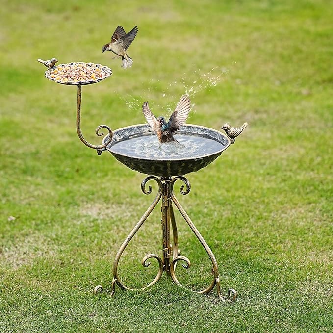 Bird Baths for Outdoors, Free-Standing Bird Bath and Bird Feeder 2-in-1 Design, Metal Bird Bath Stand and Bird Feeder Seed Tray for Garden Yard Decor
