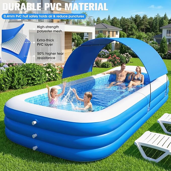 2026 Inflatable Pool with Canopy,Upgraded Blow Up Pool for Adults&Kids,Large Inflatable Pool with Seat and Big Backrest,Kiddie Pool with Shade,Kid Swimming Pool for Backyard 110"x63"x20"Blue