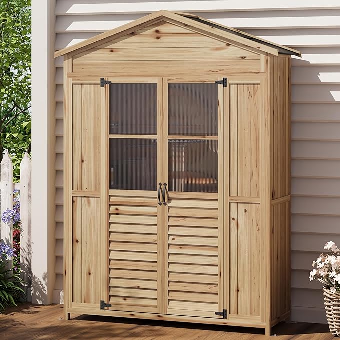 GarveeLife Patio Storage Shed Wooden, Outdoor Storage Cabinet with Weather-Resistant Roof, Garden Tools Shed with 6 Movable Shelves, Waterproof Roof, 4 Metal Stakes, 2 Anti-Falling Devices