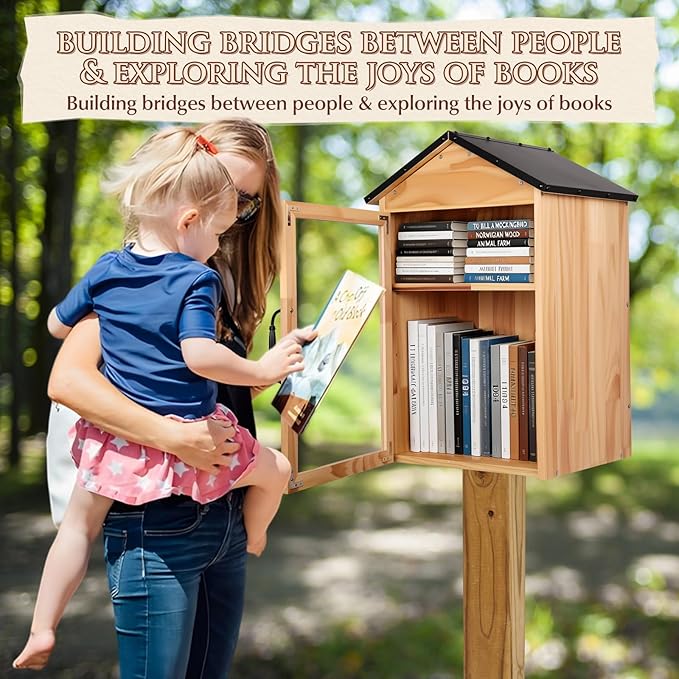 FAHKNS Little Library Box Outdoor, 2-Tier Little Library for Neighborhoods Community School, Weatherproof Wood with Adjustable Shelf & Rust-Proof Hinges, Sharing Books, Newspapers and Literature