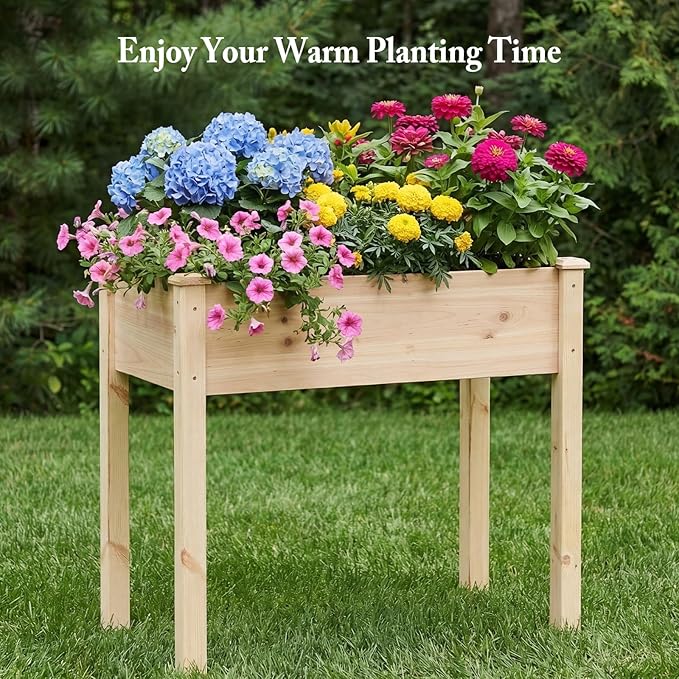 DUMOS Raised Garden Bed with Legs, 48x24x30 Inch Planter Box Outdoor with Liner for Herbs Flowers Vegetables, Elevated Wooden Garden Bed for Patio, Balcony and Backyard, Natural Wood