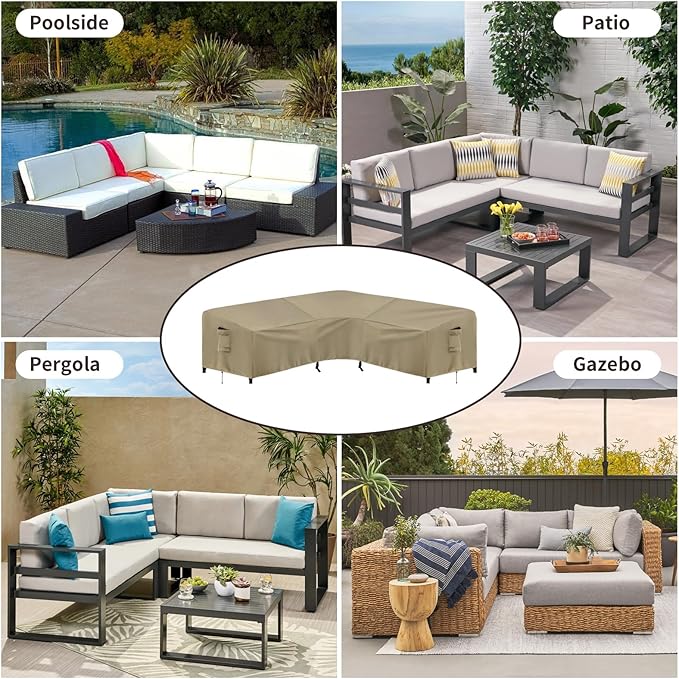 PureFit Outdoor Sectional Sofa Cover Waterproof V Shaped Patio Furniture Covers for Deck, Lawn and Backyard, 100”x100”, Camel