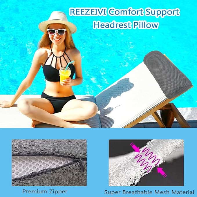 REEZEIVI 2 Pack Headrest Pillow for Patio Chaise Lounge,Chaise Lounge Pillows Outdoor 3D air mesh with Elastic Band,Quick Drying and Washable Spa Pillow for Recliner,Beach Chair,Office Chair,Gray