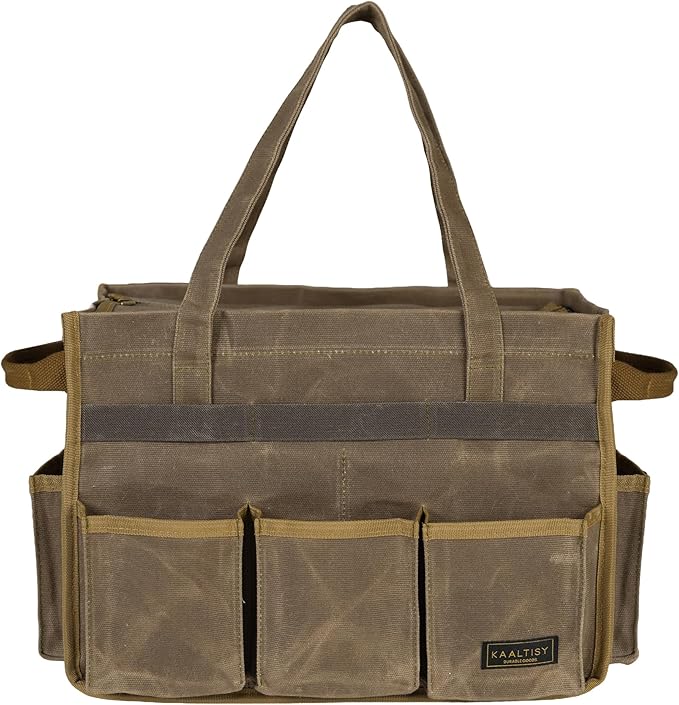 Canvas Tool Tote Bag, Heavy Duty 16oz Waxed Canvas Tool Pouch with Metal Zipper & 12-Pocket | Multi-Purpose Garden Tool Storage Carrier for Gardener Craftsman Contractor | Brownish Grey