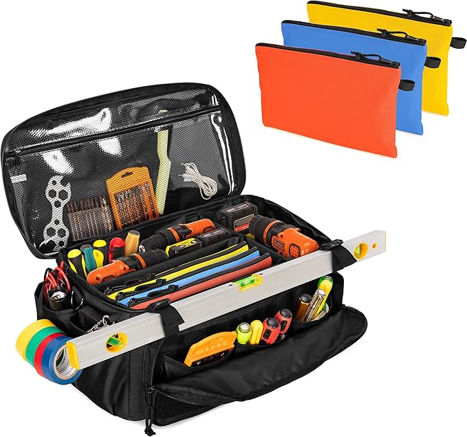 Rexmica 17-Inch Tool Bag with 3 Tool Pouches, Tool Storage Organizer for Men with Anti-friction and Padded Bottom, Tactical Range Bag, Multi-functional Work Bag for Repairman, Electrician, Carpenter