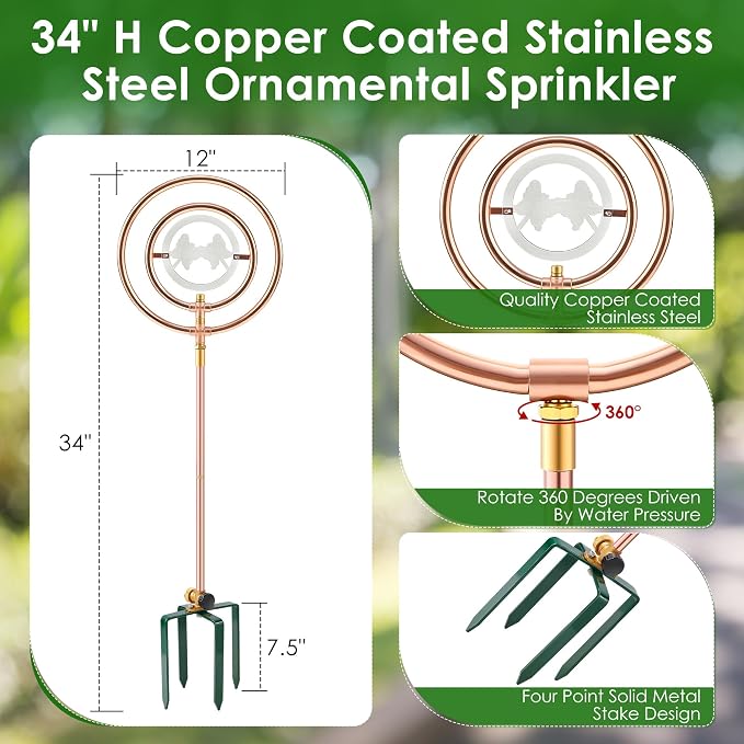 34" H Copper Coated Stainless Steel Ornamental Sprinkler, Corrosion Resistant Garden Rotating Sprinkler 360 Degree Shape Decorative for Lawn Garden Landscape(Double Ring Clear Butterfly)