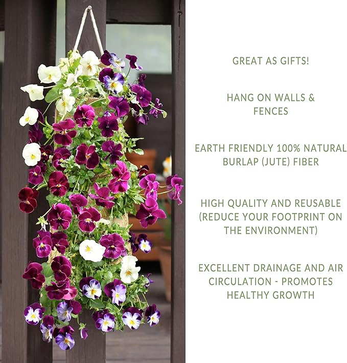 Hang & Grow Burlap Hanging Planter Bags for Outdoor Plants, Vertical Flower Hanging Bag for Easy Outside Garden Decoration, Reusable for Flowers, Strawberry, Vegetables and Herbs, (2 Bags, 8 Holes)