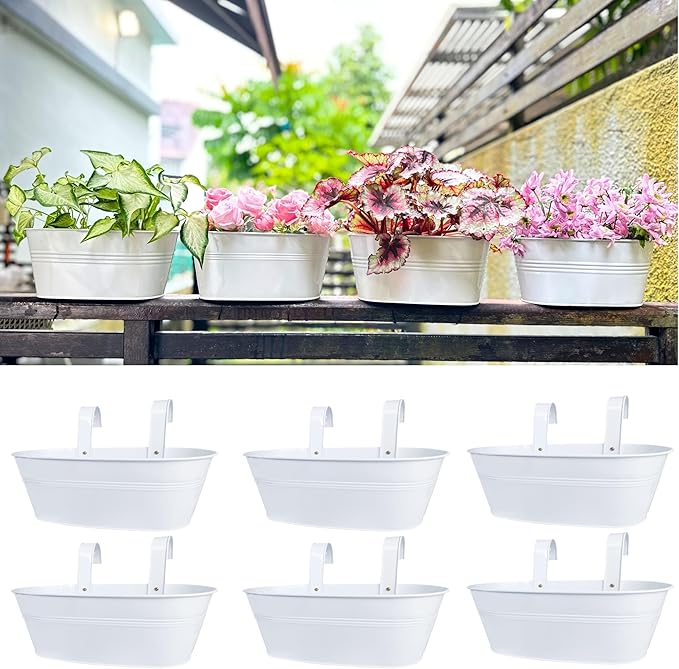LaLaGreen Outdoor Plants Rail Planter (15 Inch, 6 Pack) White Metal Iron Hanging Flower Pot Deck Railing Fence Bucket Modern Boho Style Wall Mount Window Box Plant Holder Hooks Porch Herb Garden Decor
