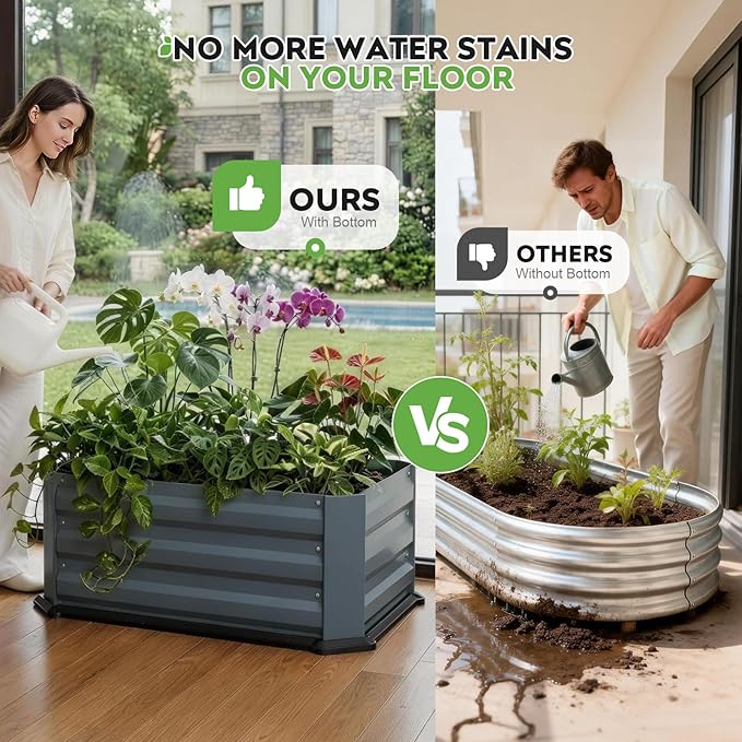 2 Pcs Galvanized Raised Garden Bed with Bottom, Indoor Metal Raised Garden Beds, Easy Assembly No leaks & Rust-Proof Flower Bed, Outdoor Planter Box for Vegetables, Herbs, Patio, Balcony, Grey