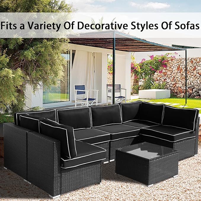 14Pieces Patio Cushion Covers Replacement,Outdoor Couch Cushions Covers Waterproof Furniture Cushion Covers Slipcovers Set with Zippers,Cover Only(Black+White, 25.6×25.6×3.94inches)