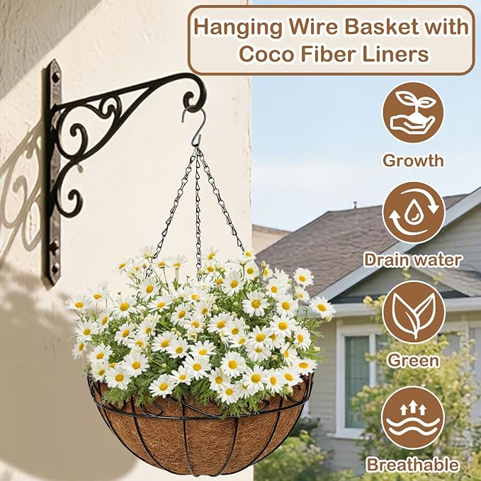 2 Pack 14 inch Metal Hanging Baskets for Plants, Round Metal Wire Hanging Basket Planter with Coco Fiber Liners Chain for Garden Home Porch Patio, Flower Border