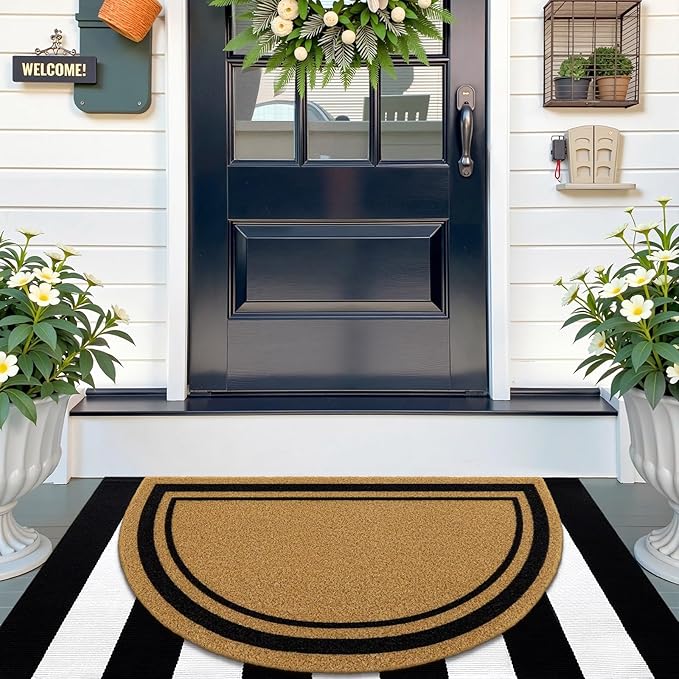 OLANLY Half Circle Front Door Mat, Low Profile Doormat, Stain and Fade Resistant, Easy to Clean, for Indoor and Outdoor Entrances, Patio Porch or Entryway, Brown (30x17 Inch, Classic Border)