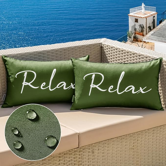MIULEE Outdoor Waterproof Throw Pillow Covers Set of 2 Spring Relax Decorative Outdoor Rectangular Pillowcases for Chair Patio Garden Couch Tent Balcony Sofa Olive Green 12x20 Inch