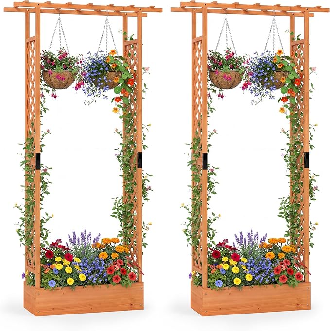 HAPPYGRILL 89" Raised Garden Bed with Trellis & Hanging Roof, Wooden Planter Box with 4 Drainage Holes, Outdoor Wood Elevated Garden Bed for Climbing Plants Vines Vegetables Flowers (Orange,2)