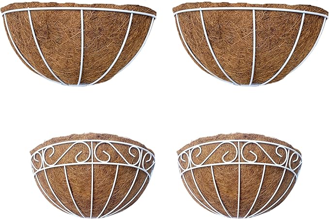 LalaGreen Bundle - 2 Pack,12 Inch + 2 Pack,16 Inch White Metal Wire Hanging Planter with Coco Liner,Outside Basket Box Balcony Deck Rail Fence Patio Porch Herb Flower Holder Garden Decor Wall Mount