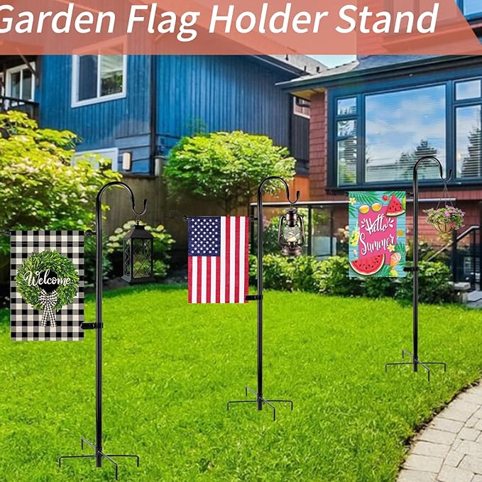 Garden Flag Holder Stand and Shepherds Hooks, 48 Inch Height with 1/2 Thick Metal Pole-Outdoor Lawn Yard Stake for Small 12x18, Solar Lights-Mini (1), Black (GFSH-X1)