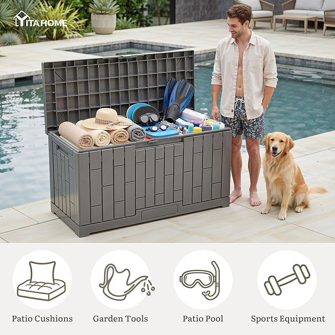 YITAHOME 60 Gallon Resin Deck Box, Weather Resistant Outdoor Rattan Storage Box with Slide-Locking Lid, Lockable Indoor Outdoor Storage for Supplies and Essentials, Taupe