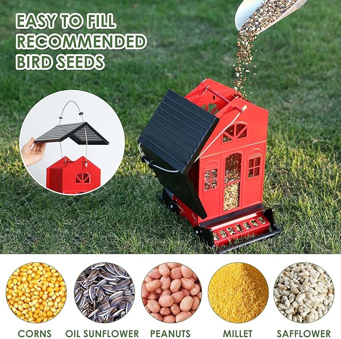Birdkiss Bird Feeder Squirrel-Proof Outside: Country House Series for Hanging - Metal - 5LBs Seed - Weight-Activated for Outdoors - Large Capacity and Red