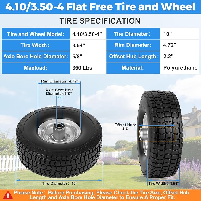 (2-Pack) RRQ 4.10/3.50-4 Flat Free Tire and Wheel, 10" Heavy Duty Solid Tire with 5/8" Bearings, 2.2" Offset Hub, One-Piece Welded Rims, Turf Tread, for Hand Truck, Dolly, Garden Cart, Wagon and More