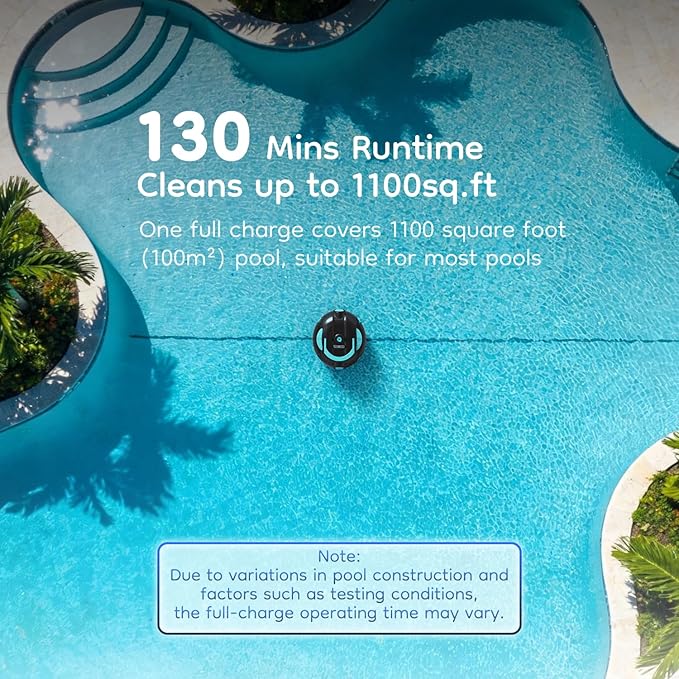 Robotic Pool Cleaner, Powerful Robotic Cleaner with Dual Suction Inlets, Cordless Automatic Pool Cleaner for In-Ground & Above Ground Pools, 130-Min Runtime, Lightweight Design with Auto Park Feature