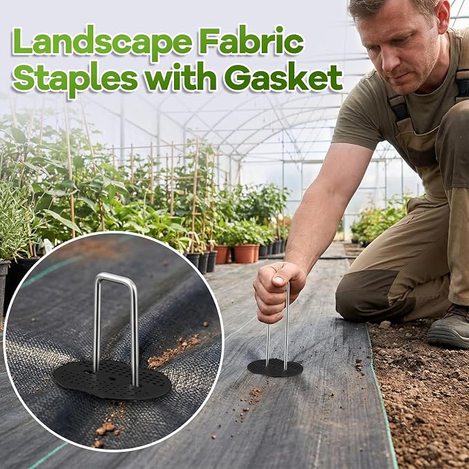 200PCS Garden Stakes Landscape Staples Set, 6 Inch Landscape Fabric Staples with Gasket, 11 Gauge Heavy Duty Galvanized Garden Ground Pins for Weed Barrier, Plant Covers, Irrigation Tubing