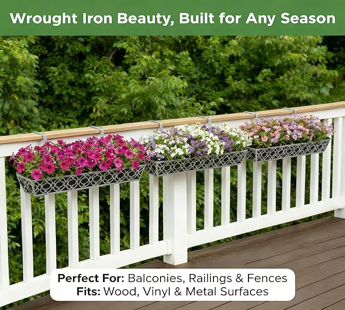 Y&M 2Pcs 36'' Railing Planter Box Set with Adjustable Brackets, Large Hanging Window Boxes for Fence, Deck, Balcony, and Garden, Gray Metal Frame with Black Nonwoven Fabric Liner