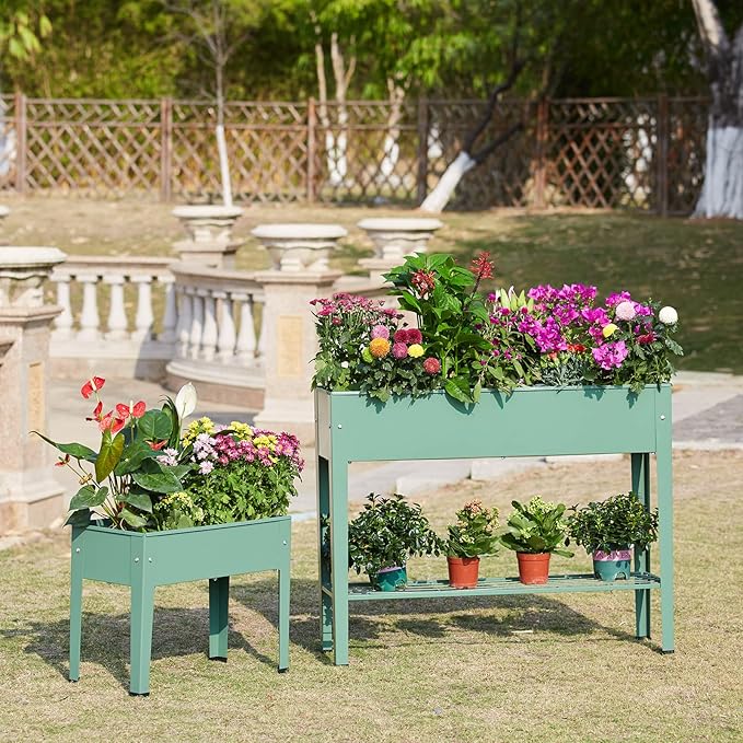 Raised Garden Bed, Elevated Green Metal Plant Box with Legs, Standing Garden Stand with Drainage Holes (40" L x 11" W x 31" H)