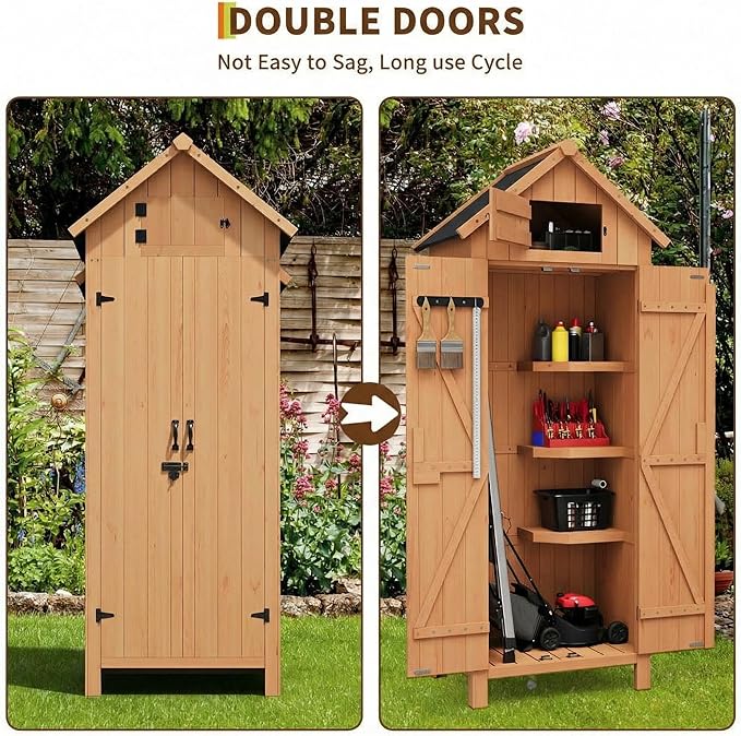 70" Tall Outdoor Storage Shed, Wooden Garden Storage Cabinet with Shelves, Waterproof Vertical Tool Storage Organizer with Lockable Doors for Patio, Backyard, Lawn Equipment & Yard Supplies