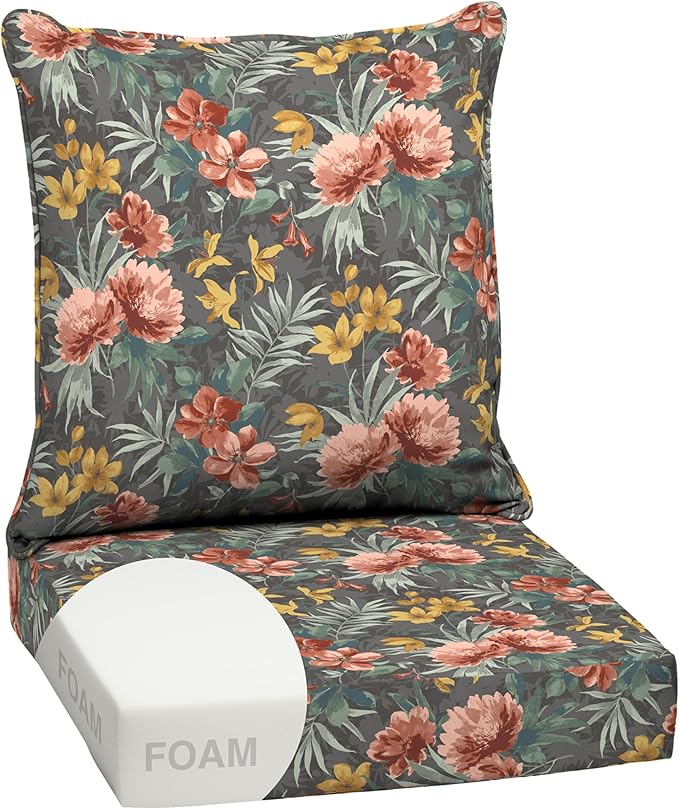 Arden Outdoor Foam Deep Seat Cushion Set, 24 in x 24 in, Weather-Proof, Rain-Proof, Fade Resistant Patio Cushion, Bottom and Back Cushion for Chair, Sofa, and Couch Phoebe Grey Floral
