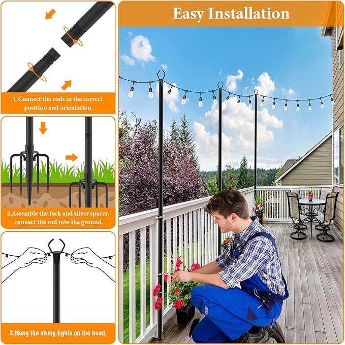 Mutovlin 8 Pack String Light Poles,10 Ft Light Poles for Outside String Lights,Outdoor Lights Pole with Fork,Metal Poles Stand for Patio Deck Backyard